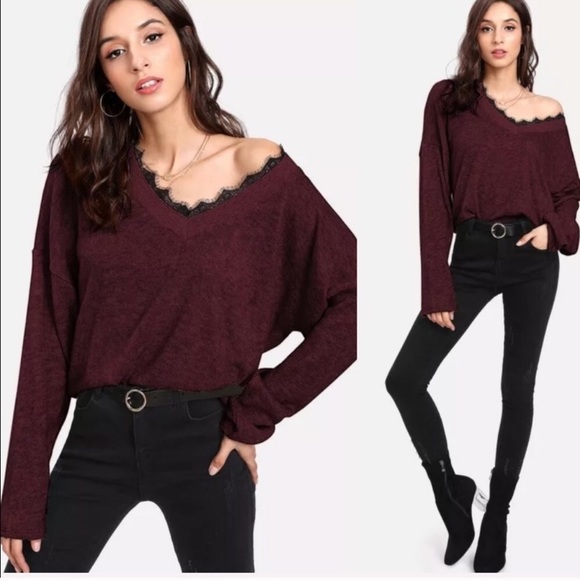 Burgundy Off the Shoulder Lace Trim Sweater - Picture 2 of 7